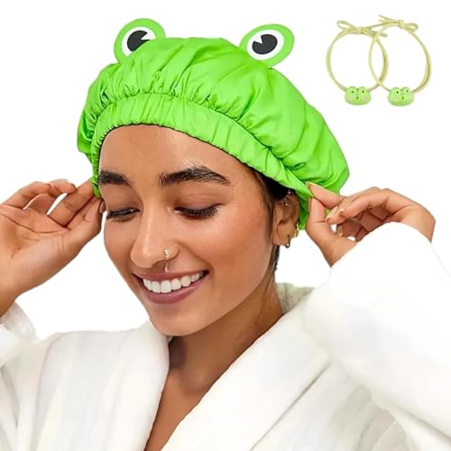 WWZ889 Wasserdichte, wiederverwendbare Doppelschicht-Badekappe, elastisches Band, Haarkappe, grüner Frosch, Duschhaube für Damen, Spa-Salon, klein von WWZ889