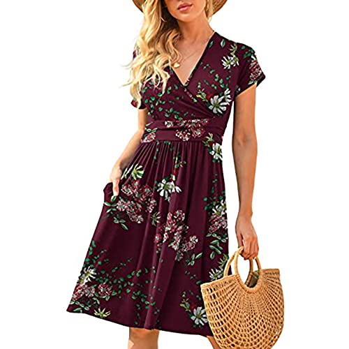 WXDSNH Damen Kleid Langer Rock V-Ausschnitt Kurzarm Taschendruck Lose Frühling Sommer Strand Maxi Casual Party Robe von WXDSNH