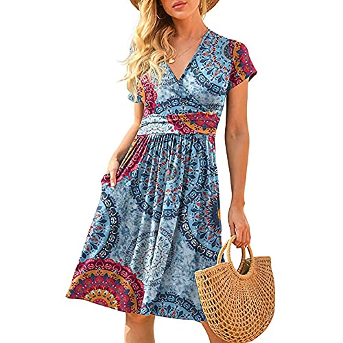 WXDSNH Damen Kleid Langer Rock V-Ausschnitt Kurzarm Taschendruck Lose Frühling Sommer Strand Maxi Casual Party Robe von WXDSNH