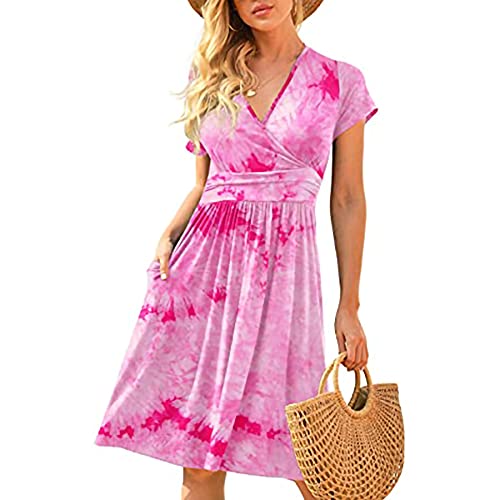 WXDSNH Damen Kleid Langer Rock V-Ausschnitt Kurzarm Taschendruck Lose Frühling Sommer Strand Maxi Casual Party Robe von WXDSNH