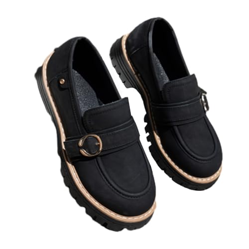 Bequeme Damen-Schlupfschuhe im britischen Stil, rutschfeste Gummisohle, klobiger Absatz, Loafer für Damen, lässiges Gehen, Schwarz , 40.5 EU von WXDTW