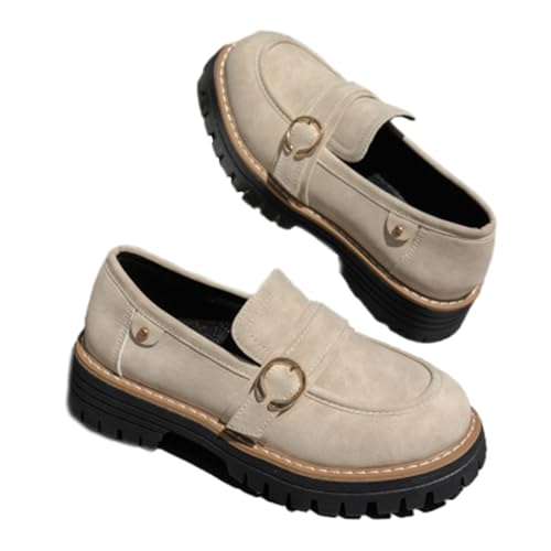 Bequeme Damen-Schlupfschuhe im britischen Stil, rutschfeste Gummisohle, klobiger Absatz, Loafer für Damen, lässiges Gehen, beige, 36 EU von WXDTW