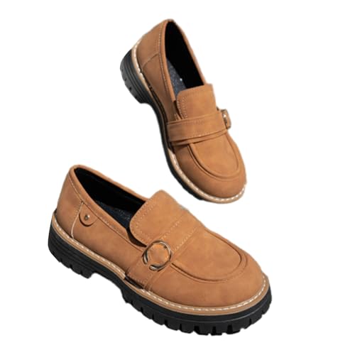 Bequeme Damen-Schlupfschuhe im britischen Stil, rutschfeste Gummisohle, klobiger Absatz, Loafer für Damen, lässiges Gehen, braun, 38 EU von WXDTW