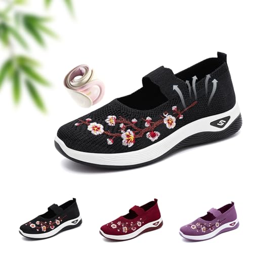 Damen Casual Atmungsaktive Slip On Orthopädische Wanderschuhe Sommer Bequem Rutschfest Weiche Unterseite Slip On Strick-Sneaker Leichte Plateau Loafer mit Fußgewölbeunterstützung, Schwarz , 0 UK von WXDTW
