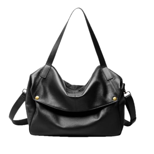 Damen Retro Echtleder Weich Minimalistisch Casual Tote Bag Große Leder Slouchy Tote Bag mit Reißverschluss für Frauen, Schwarz , 12.60 x 14.17 x 5.12 in von WXDTW