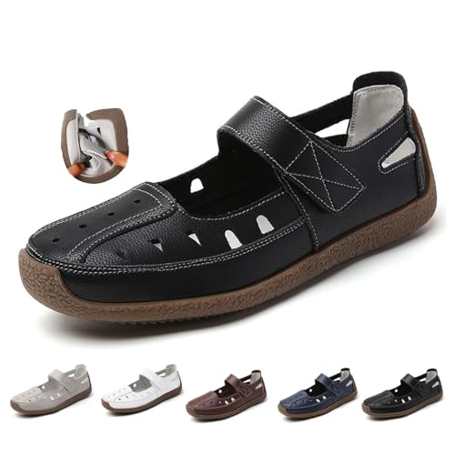 Damen Retro Flache Echtleder rutschfeste Sandalen Sommer Orthopädische Geschlossene Zehen Sandalen Weich Casual Walking Fahren Loafer, Schwarz , 43 EU Damen Retro Flache Echtleder rutschfeste Sandalen Sommer Orthopädische Geschlossene Zehen Sandalen Weich Casual Walking Fahren Loafer, Schwarz , 43 EU von WXDTW
