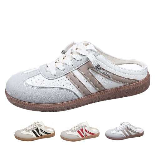 Damen Slip-On Mule Sneakers Rückenfrei Atmungsaktiv Slide Schuhe für Frauen Bequeme Offene Rückseite Tennisschuhe mit Kontrastdesign, khaki, 44 EU von WXDTW