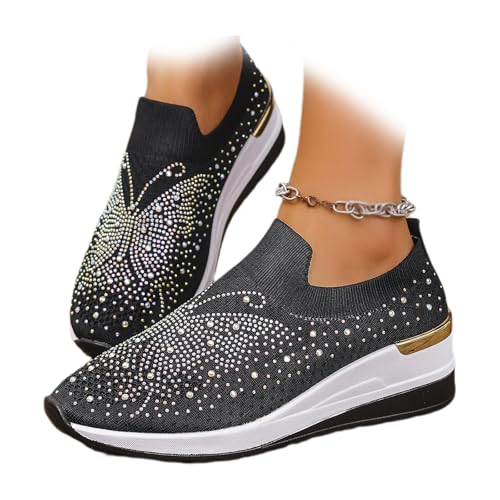 Damen-Sneaker mit glitzernden Strasssteinen, modisch, atmungsaktiv, Keilabsatz, glitzernd, zum Reinschlüpfen, Plateau, Keilabsatz, Freizeitschuhe, Schwarz , 42.5 EU Damen-Sneaker mit glitzernden Strasssteinen, modisch, atmungsaktiv, Keilabsatz, glitzernd, zum Reinschlüpfen, Plateau, Keilabsatz, Freizeitschuhe, Schwarz , 42.5 EU von WXDTW