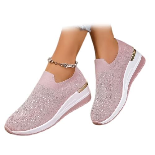 Damen-Sneaker mit glitzernden Strasssteinen, modisch, atmungsaktiv, Keilabsatz, glitzernd, zum Reinschlüpfen, Plateau, Keilabsatz, Freizeitschuhe, rose, 42.5 EU von WXDTW