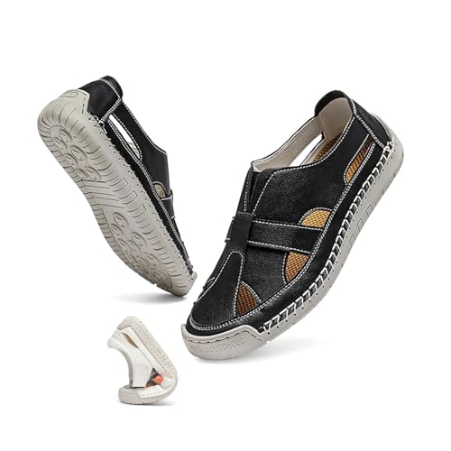 Damen Sommer Geschlossene Zehe Leder Flache Orthopädische Sandalen Hohl Fisherman Sandalen Outdoor Casual Strand Schuhe, Schwarz A, 43 EU Damen Sommer Geschlossene Zehe Leder Flache Orthopädische Sandalen Hohl Fisherman Sandalen Outdoor Casual Strand Schuhe, Schwarz A, 43 EU von WXDTW