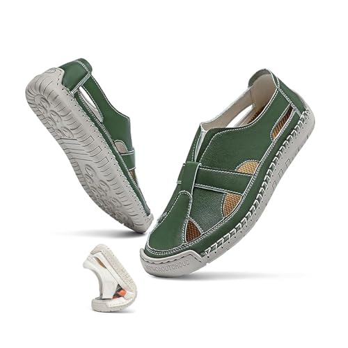 Damen Sommer Geschlossene Zehe Leder Flache Orthopädische Sandalen Hollow Fisherman Sandalen Outdoor Casual Strand Schuhe, Green a, 43 EU von WXDTW
