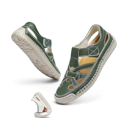 Damen Sommer Geschlossene Zehe Leder Flache Orthopädische Sandalen Hollow Fisherman Sandalen Outdoor Casual Strand Schuhe, grün, 43 EU von WXDTW