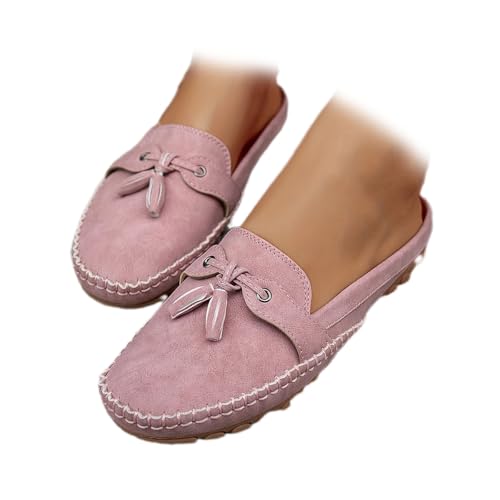 Flache Pantoletten für Damen, Slip-On-Slipper, leicht, Retro, Quaste, flache Schuhe, bequeme Leder, rückenfreie Schuhe für Business, Freizeit, Fahren, rose, 0 UK Wide von WXDTW