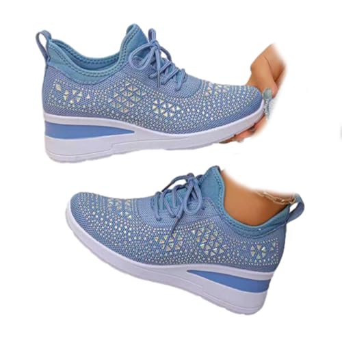 Glitzernde Strass-Damen-Sneaker, dicke Sohle, orthopädische Sneaker, Schnürschuhe, Plateau-Tennisschuhe, bequem, atmungsaktiv, funkelnde Turnschuhe für Frauen, Hellblau 1, 39 EU von WXDTW