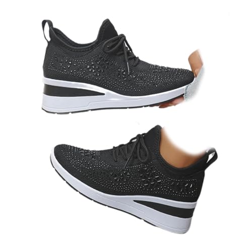 Glitzernde Strass-Damen-Sneaker, dicke Sohle, orthopädische Sneaker, Schnürschuhe, Plateau-Tennisschuhe, bequem, atmungsaktiv, funkelnde Turnschuhe für Frauen, Schwarz , 40.5 EU von WXDTW