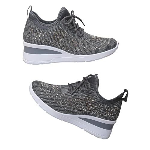 Glitzernde Strass-Damen-Sneaker, dicke Sohle, orthopädische Sneaker, Schnürschuhe, Plateau-Tennisschuhe, bequem, atmungsaktiv, funkelnde Turnschuhe für Frauen, grau, 42 EU von WXDTW