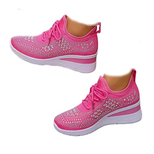 Glitzernde Strass-Damen-Sneaker, dicke Sohle, orthopädische Sneaker, Schnürschuhe, Plateau-Tennisschuhe, bequem, atmungsaktiv, funkelnde Turnschuhe für Frauen, rosarot, 41 EU von WXDTW