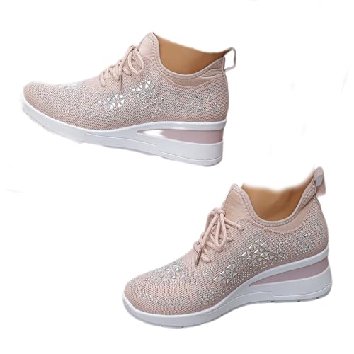 Glitzernde Strass-Damen-Sneaker, dicke Sohle, orthopädische Sneaker, Schnürschuhe, Plateau-Tennisschuhe, bequem, atmungsaktiv, funkelnde Turnschuhe für Frauen, rose, 39.5 EU von WXDTW