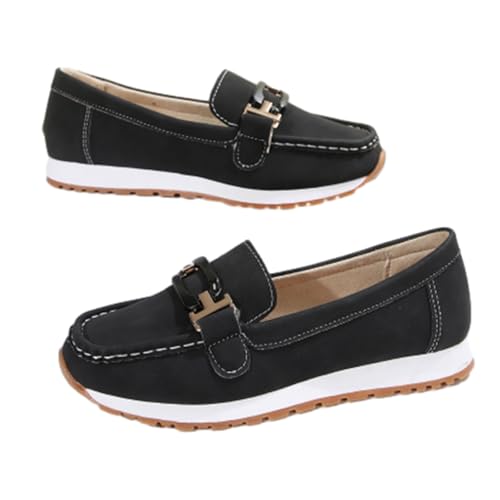Lässiges Wildleder-ähnliches Obermaterial, dicke Sohle, Gummi-Außensohle, rutschhemmend, lässig, für Damen, flache Schuhe, bequeme Business-Leder-Slipper für Damen, Schwarz , 39 EU von WXDTW
