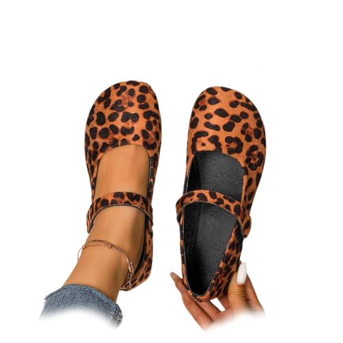 Orthopädische Wildleder-Ballerinas Mary Jane für Damen, bequeme runde Zehenpartie, flache Schuhe, Slip-On-Freizeitschuhe, leopardenmuster, 43 EU von WXDTW