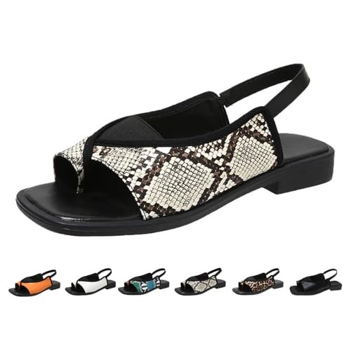 Stilvolle und bequeme Damen-Sandalen mit Fußgewölbeunterstützung, für den ganzen Tag, schwarz, flache Pantoletten, Summe offener Zehenbereich, Freizeitschuhe, Schlangenleder-Optik, 43 EU von WXDTW