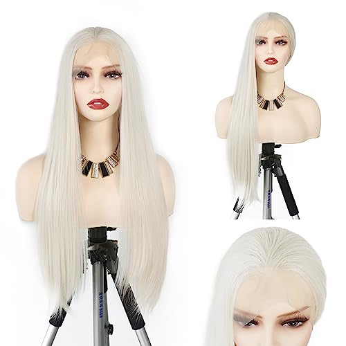 WXHWCX Tägliche Langhaarperücke, Weiß, Blond, Synthetik, Spitze vorne, #60, gerade, hitzebeständig, Faser, Glueless Lace, Perücke für Frauen, 61 cm WXHWCX Tägliche Langhaarperücke, Weiß, Blond, Synthetik, Spitze vorne, #60, gerade, hitzebeständig, Faser, Glueless Lace, Perücke für Frauen, 61 cm von WXHWCX