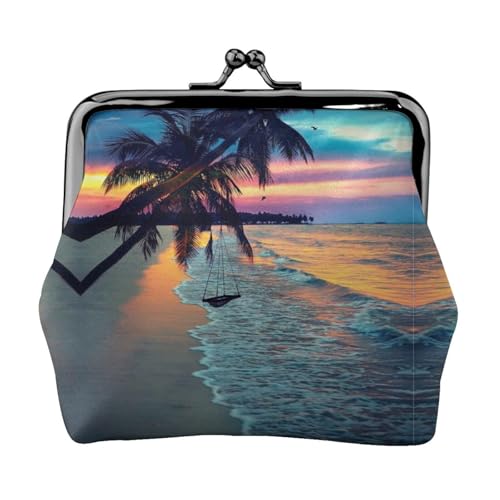 Coconut Beach Sunset Hammock Print Coin Purse for Men Women Leather Kiss Lock Small Pouch Coin Wallet von WXWJSHMGC