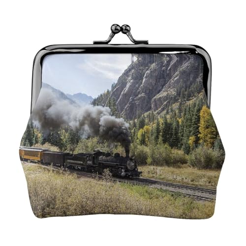 Geldbörse mit Dampflokomotiven-Zug-Druck, für Herren und Damen, Leder, Kussschloss, kleine Tasche, Münzbörse von WXWJSHMGC
