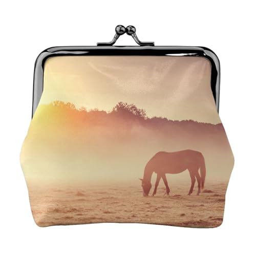 Geldbörse mit Pferde-Motiv auf der Weide bei Sonnenuntergang, bedruckt, für Herren und Damen, Leder, Kussschloss, kleine Tasche von WXWJSHMGC