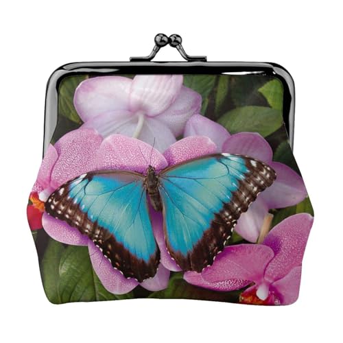 Geldbörse mit Schmetterling auf rosa Blumendruck, für Herren und Damen, Leder, Kussschloss, kleine Tasche von WXWJSHMGC
