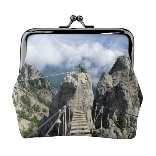 Geldbörse mit hängender Brücke in steilen Felsen, bedruckt, für Männer und Frauen, Leder, Kussschloss, kleine Tasche, Münzbörse von WXWJSHMGC
