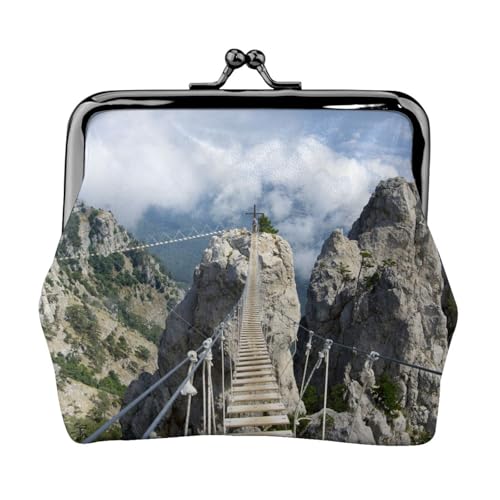 Geldbörse mit hängender Brücke in steilen Felsen, bedruckt, für Männer und Frauen, Leder, Kussschloss, kleine Tasche, Münzbörse von WXWJSHMGC