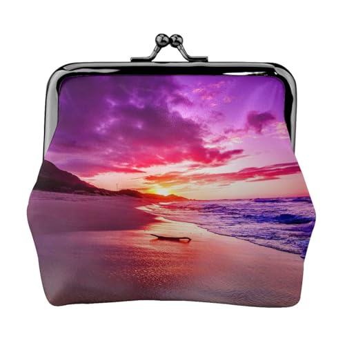Schöne Geldbörse mit Sonnenuntergang-Druck, für Herren und Damen, Leder, Kussschloss, kleine Tasche von WXWJSHMGC