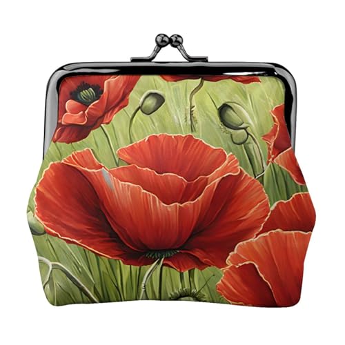 Schöne Geldbörse mit rotem Mohnblumen-Druck, für Herren und Damen, Leder, Kussschloss, kleine Tasche von WXWJSHMGC