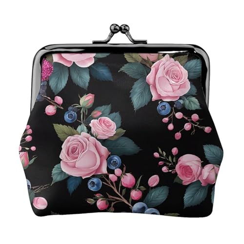Schwarze Geldbörse mit Rosen-Aufdruck, für Herren und Damen, Leder, Kussschloss, kleine Tasche von WXWJSHMGC