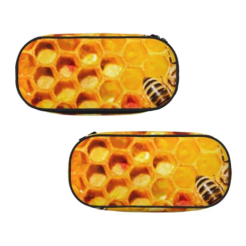 WXWJSHMGC Bee On Federmäppchen mit Wabenmuster, große Tasche mit 3 Fächern, Stifteetui, Kartenhalter, Münzhalter für Jungen, Mädchen, Schule, Schreibwaren von WXWJSHMGC