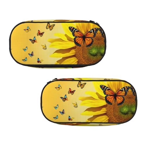 WXWJSHMGC Federmäppchen mit Sonnenblumen- und Schmetterlings-Motiv, großes Federmäppchen mit 3 Fächern, Stifteetui, Kartenhalter, Münzhalter für Jungen, Mädchen, Schule, Schreibwaren von WXWJSHMGC