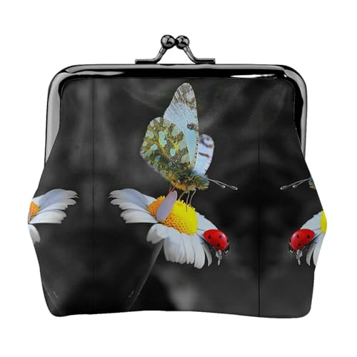 WXWJSHMGC Geldbörse mit Schmetterlingsmarienkäfer-Blumendruck, für Herren und Damen, Leder, Kussschloss, kleine Tasche, Münzbörse von WXWJSHMGC