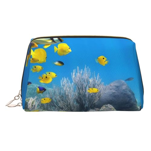 WXWJSHMGC Make-up-Tasche mit buntem Fischdruck, tragbar, Leder, wasserdicht, Kosmetiktasche, Clutch, Make-up-Pinseltasche, 17 x 10,9 cm, gold, Einheitsgröße von WXWJSHMGC