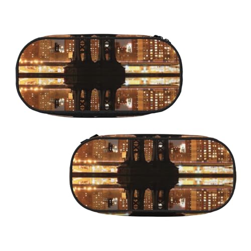 WXWJSHMGC New York Manhattan Bridge Night Print Pencil Bag Large Pouch Bag with 3 Compartments Pen Case Card Coin Holder for Boys Girls School Stationery von WXWJSHMGC