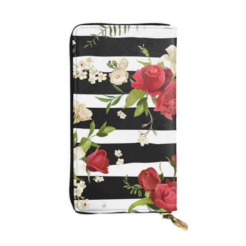 WXWJSHMGC Schwarze weiße Streifen rote Rose Blumen Druck Mode lange Geldbörse Shopping Clutch Geldbörse PU Leder Handtasche für Damen Herren Geldbörsen von WXWJSHMGC