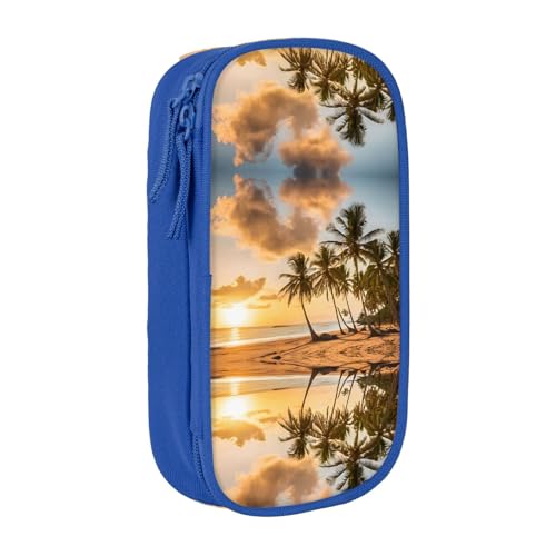 WXWJSHMGC Sunset Hawaiian Palm Tree Print Large Capacity Double Layer Pencil Case with Zipper - Durable Fabric School Pouch for Pens,- Ideal for Students, blau, Einheitsgröße, Kosmetikkoffer von WXWJSHMGC