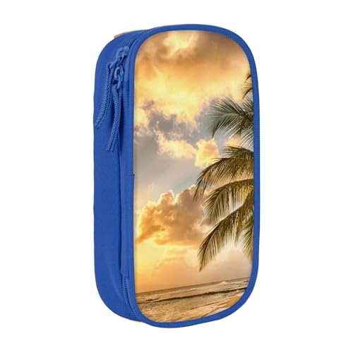 WXWJSHMGC Sunset Hawaiian Palm Tree Print Large Capacity Double Layer Pencil Case with Zipper - Durable Fabric School Pouch for Pens,- Ideal for Students, blau, Einheitsgröße, Kosmetikkoffer von WXWJSHMGC