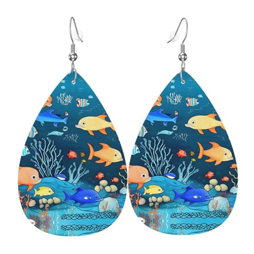 Blaue Unterwasserwelt der Fische, gemusterte Leder-Ohrringe, geeignet für den Alltag, Partys, Verabredungen usw., Einheitsgröße, Kunstleder, Diamant von WXXWXD