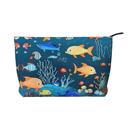 Blaue Unterwasserwelt der Fische bedruckte Cord-Kosmetiktasche – tragbare Kulturbeutel mit Reißverschluss für Damen von WXXWXD