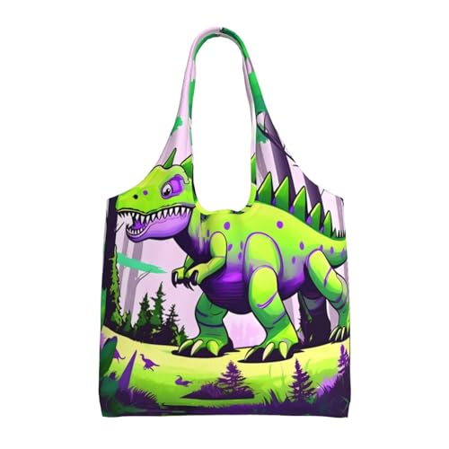 Grüne Dinosaurier-bedruckte Canvas-Tasche für Damen, modische Schultertasche, leichte Einkaufstasche von WXXWXD