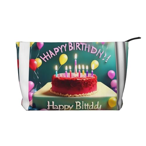 Happy Birthday Schöne bedruckte Cord-Kosmetiktasche – tragbare Kosmetiktasche für Damen, mit Reißverschluss, Schwarz, Einheitsgröße von WXXWXD