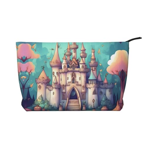 Klassische Burg bedruckte Kordsamt-Kosmetiktasche – tragbare Damen-Kulturbeutel mit Reißverschluss von WXXWXD