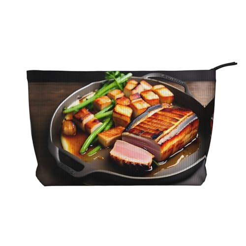 Köstliches gegrilltes Fleisch bedruckte Cord-Kosmetiktasche – tragbare Damen-Kulturbeutel mit Reißverschluss, Schwarz, Einheitsgröße von WXXWXD