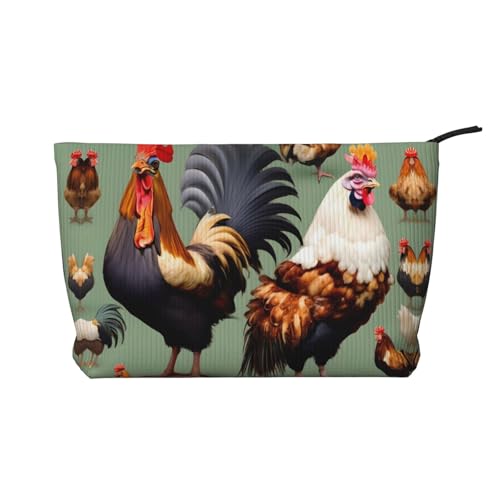 Kosmetiktasche aus Cord mit Hahn- und Huhn-Motiv, tragbar, mit Reißverschluss, Aufbewahrungstasche für Damen von WXXWXD